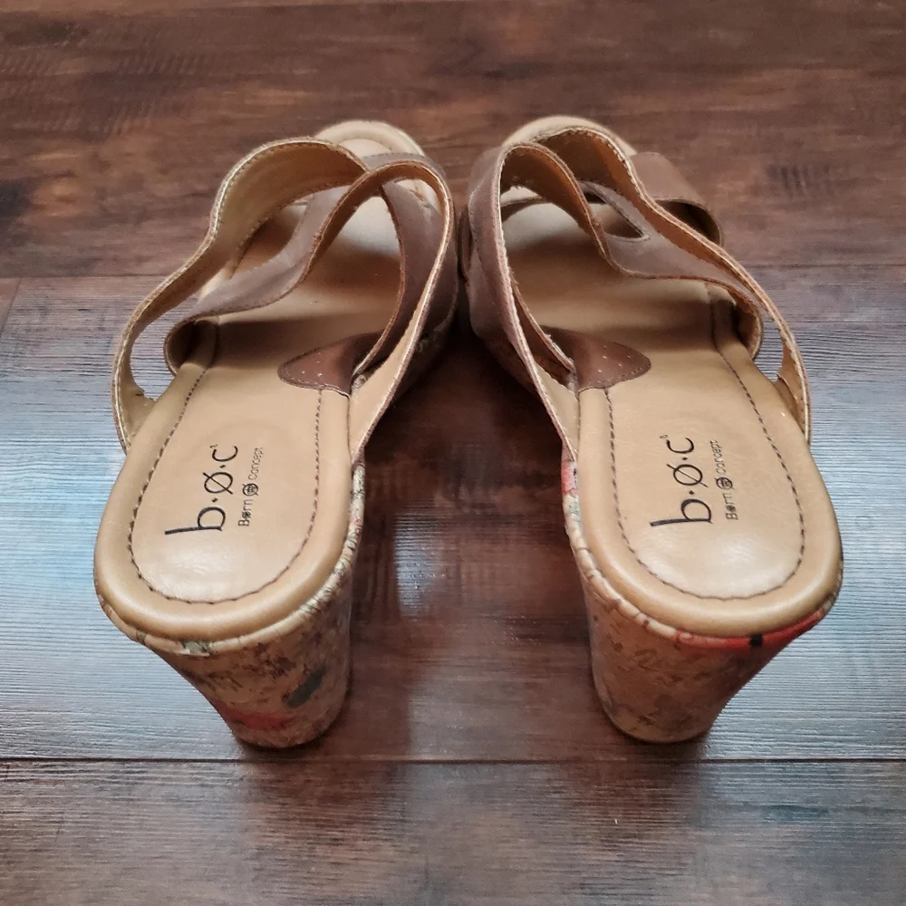 b.o.c. Tan Wedge Leather Sandals, Size 9